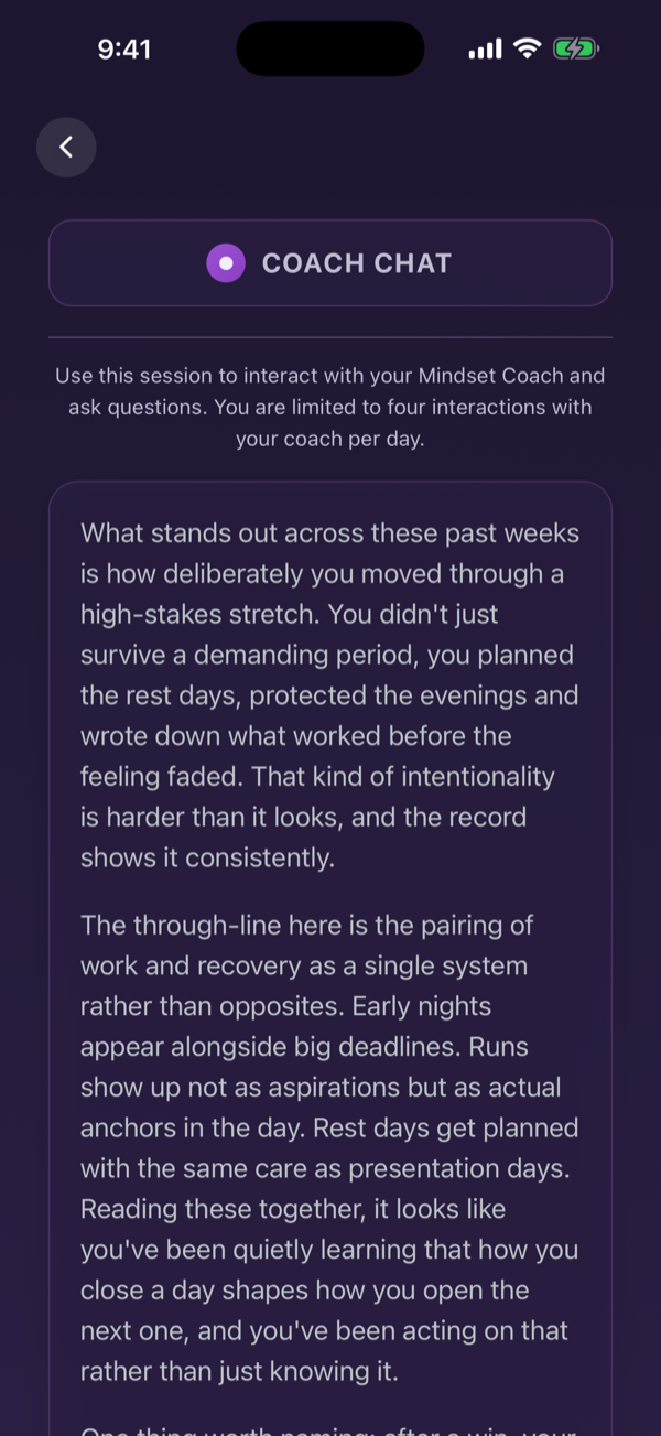 Coach Chat reading back a mindset assessment drawn from several weeks of entries